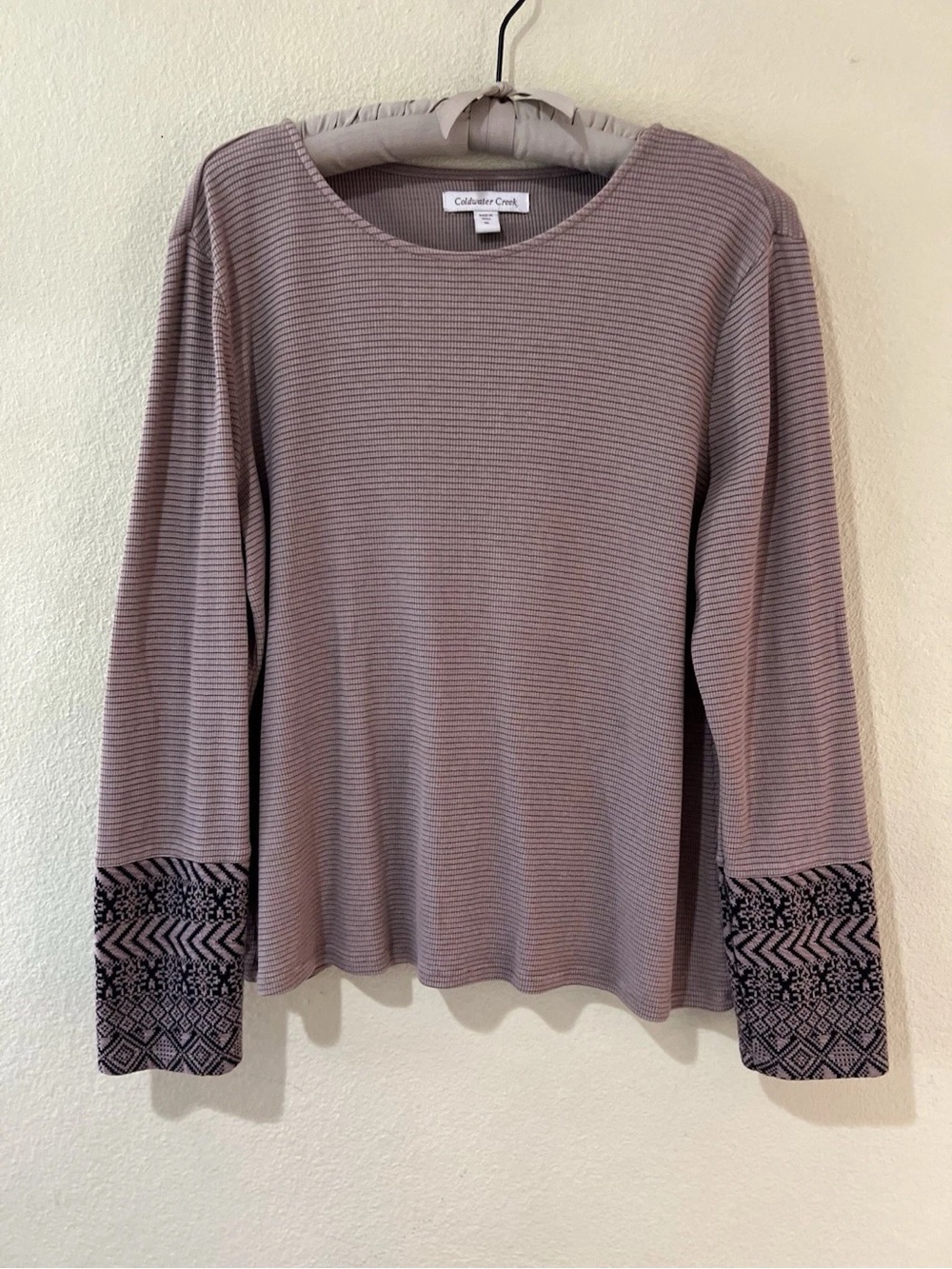 Coldwater Creek Women's Dusty Mauve Ribbed Long-Sleeve Top with Patterned Cuffs